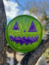 Load image into Gallery viewer, Handcrafted pumpkin bag Green Glitter and Purple Glitter