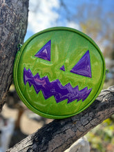 Load image into Gallery viewer, Handcrafted pumpkin bag Green Glitter and Purple Glitter