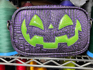 Handcrafted Small Bad Company Box crossbody : metallic purple Croc & glitter green