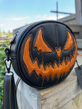 Load image into Gallery viewer, Pumpkin Kult : Orange Stitching Small Crypt crossbody bag black and glitter Orange