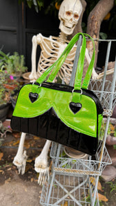 Handcrafted Green and Black patent vinyl retro Handbag