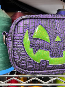 Handcrafted Small Bad Company Box crossbody : metallic purple Croc & glitter green