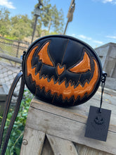 Load image into Gallery viewer, Pumpkin Kult : Orange Stitching Small Crypt crossbody bag black and glitter Orange