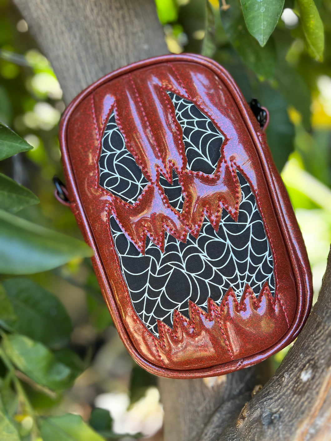 Handcrafted: Side Bag Red Glitter and Glow in the dark spiderweb fabric