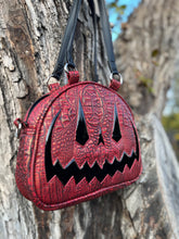 Load image into Gallery viewer, Handcrafted MissChievous Handbag- Red Croc with Gold Accents and Patent Black Vinyl