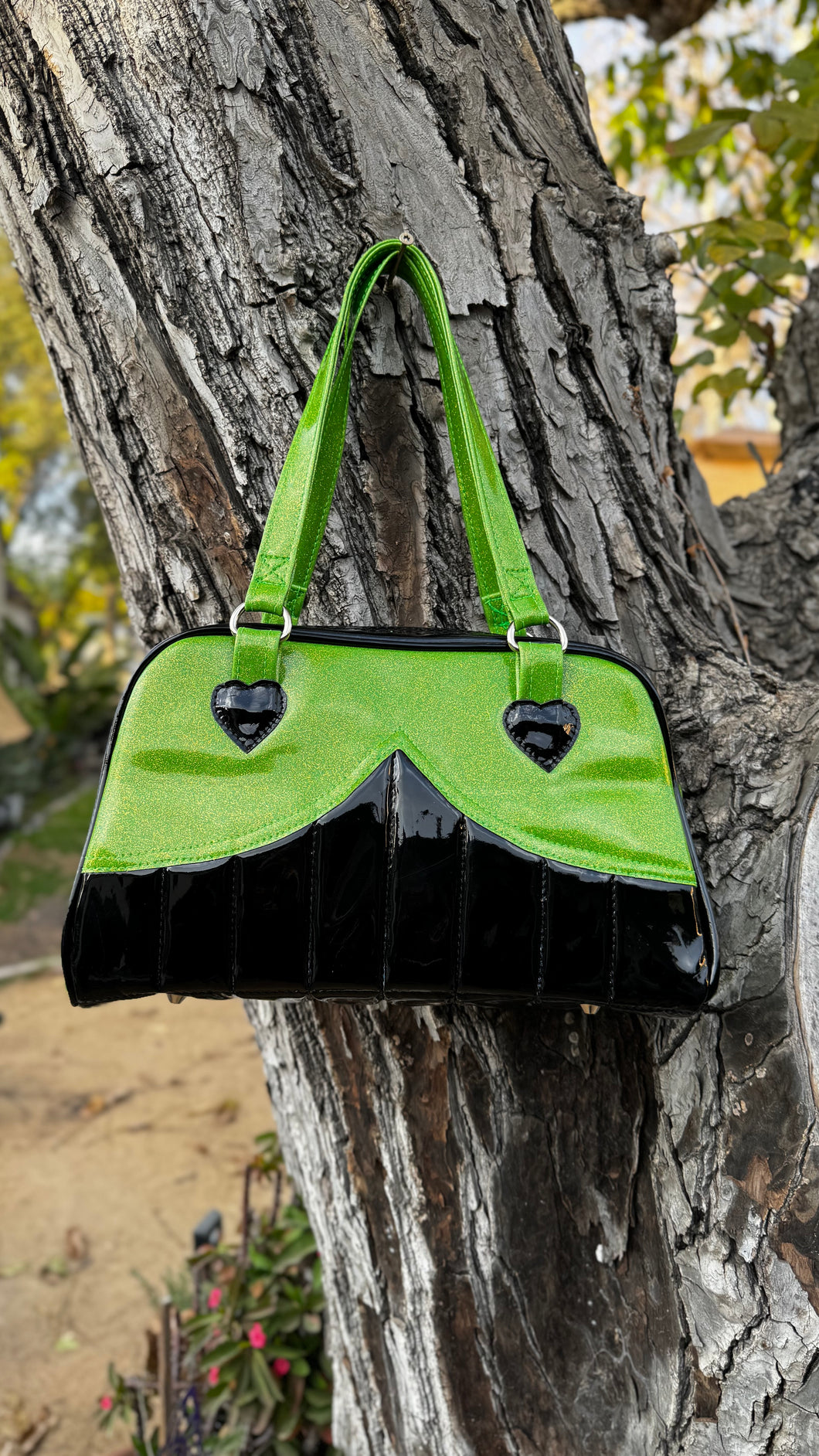 Handcrafted Green and Black patent vinyl retro Handbag