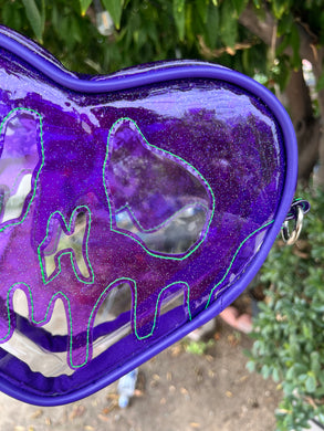 Handcrafted Small Poison Heart- clear concert bag with clear purple glitter overlay