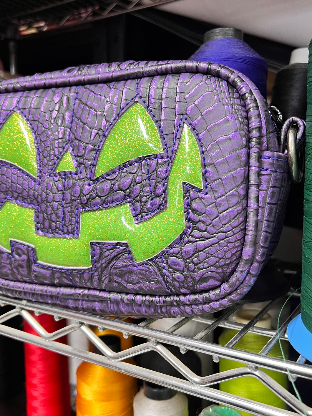 Handcrafted Small Bad Company Box crossbody : metallic purple Croc & glitter green