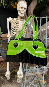 Handcrafted Green and Black patent vinyl retro Handbag