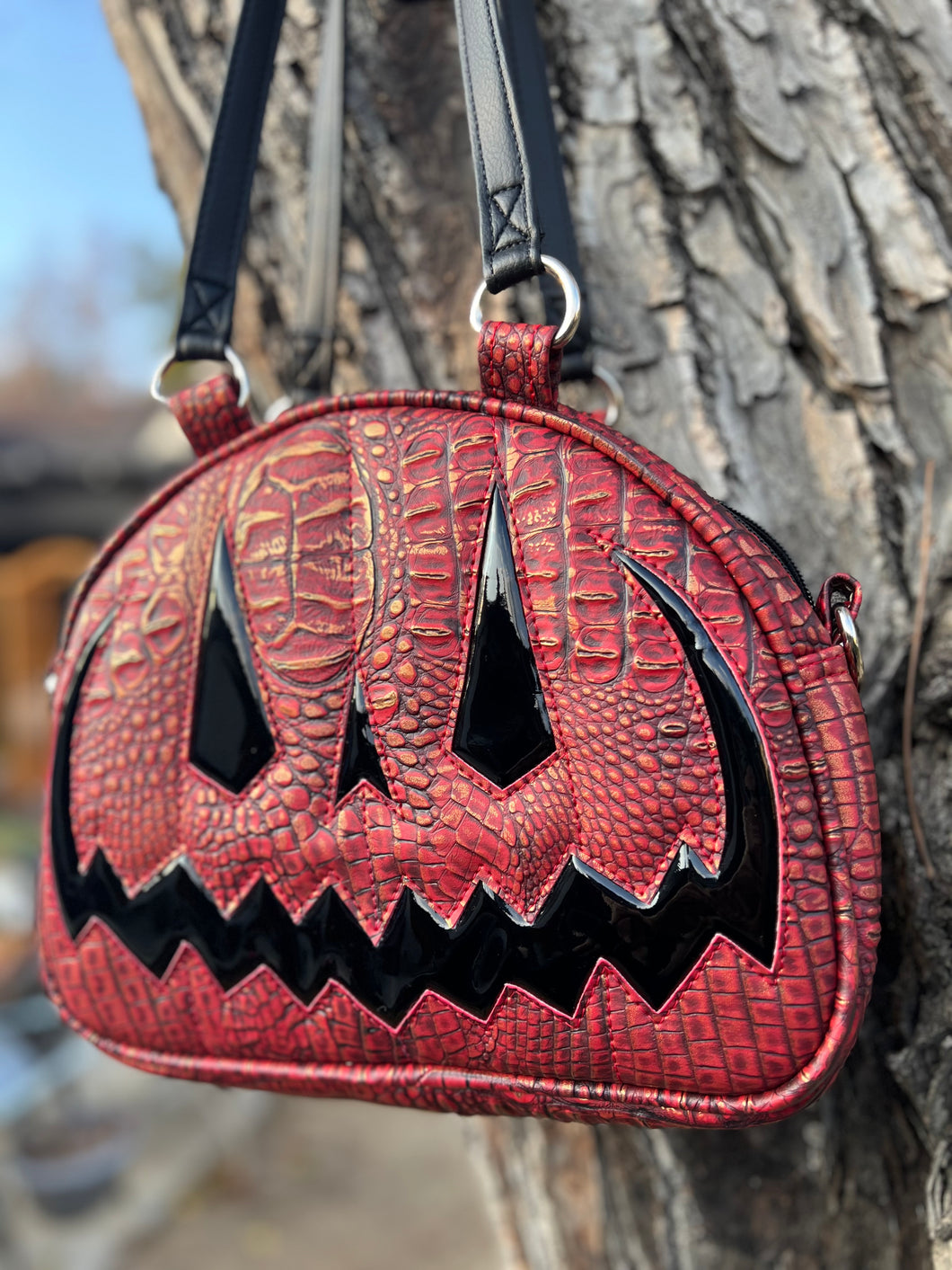 Handcrafted MissChievous Handbag- Red Croc with Gold Accents and Patent Black Vinyl