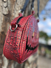 Load image into Gallery viewer, Handcrafted MissChievous Handbag- Red Croc with Gold Accents and Patent Black Vinyl