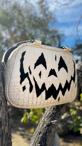 Hand Crafted : happy Scarface Pumpkin Handbag pearlescent white and black velvet