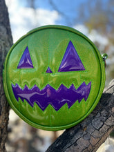 Load image into Gallery viewer, Handcrafted pumpkin bag Green Glitter and Purple Glitter