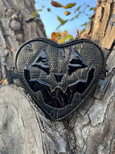 Load image into Gallery viewer, Handcrafted Frank N&#39; Heart bag - Black Croc Skin with Gold accents and Black Patent