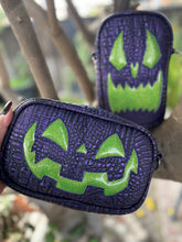 Load image into Gallery viewer, Handcrafted Small Bad Company Box crossbody : metallic purple Croc &amp; glitter green