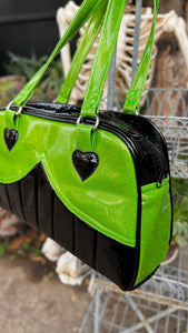 Handcrafted Green and Black patent vinyl retro Handbag