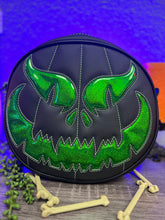 Load image into Gallery viewer, BLACK FRIDAY SALE Hand Crafted : Evil Face Pumpkin Textured Black and Hi shine green