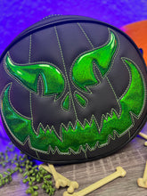 Load image into Gallery viewer, BLACK FRIDAY SALE Hand Crafted : Evil Face Pumpkin Textured Black and Hi shine green