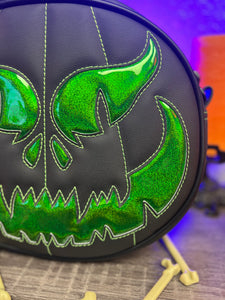 BLACK FRIDAY SALE Hand Crafted : Evil Face Pumpkin Textured Black and Hi shine green