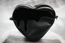 Load image into Gallery viewer, All black heart handbag with patent black goo. Photo of the back. 